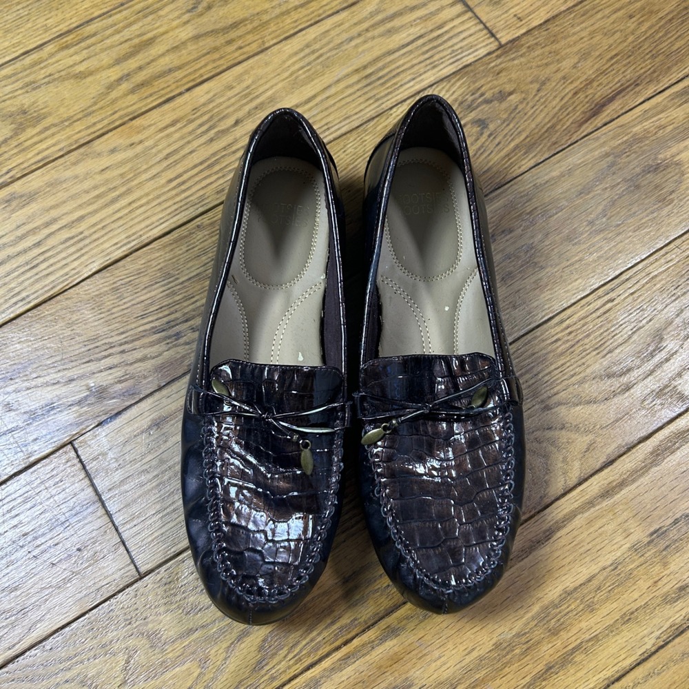Mootsies Tootsies Metallic Dark Brown Croc Embossed Loafers Shoes Womens 7.5